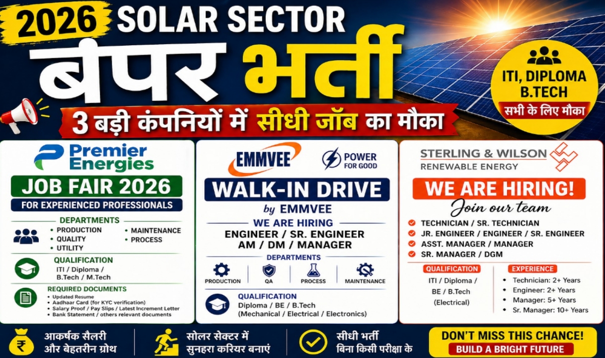 2026 में Solar Sector में बंपर भर्ती | 3 बड़ी कंपनियों में सीधी जॉब का मौका