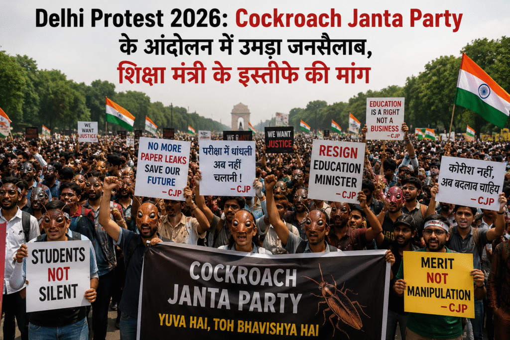 Delhi Protest 2026: Cockroach Janta Party के आंदोलन में उमड़ा जनसैलाब, शिक्षा मंत्री के इस्तीफे की मांग